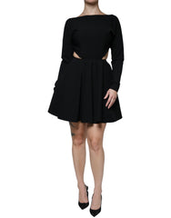 Women's Black Viscose Cut Out A-Line Long Sleeves Mini Dress Nylon Elastane