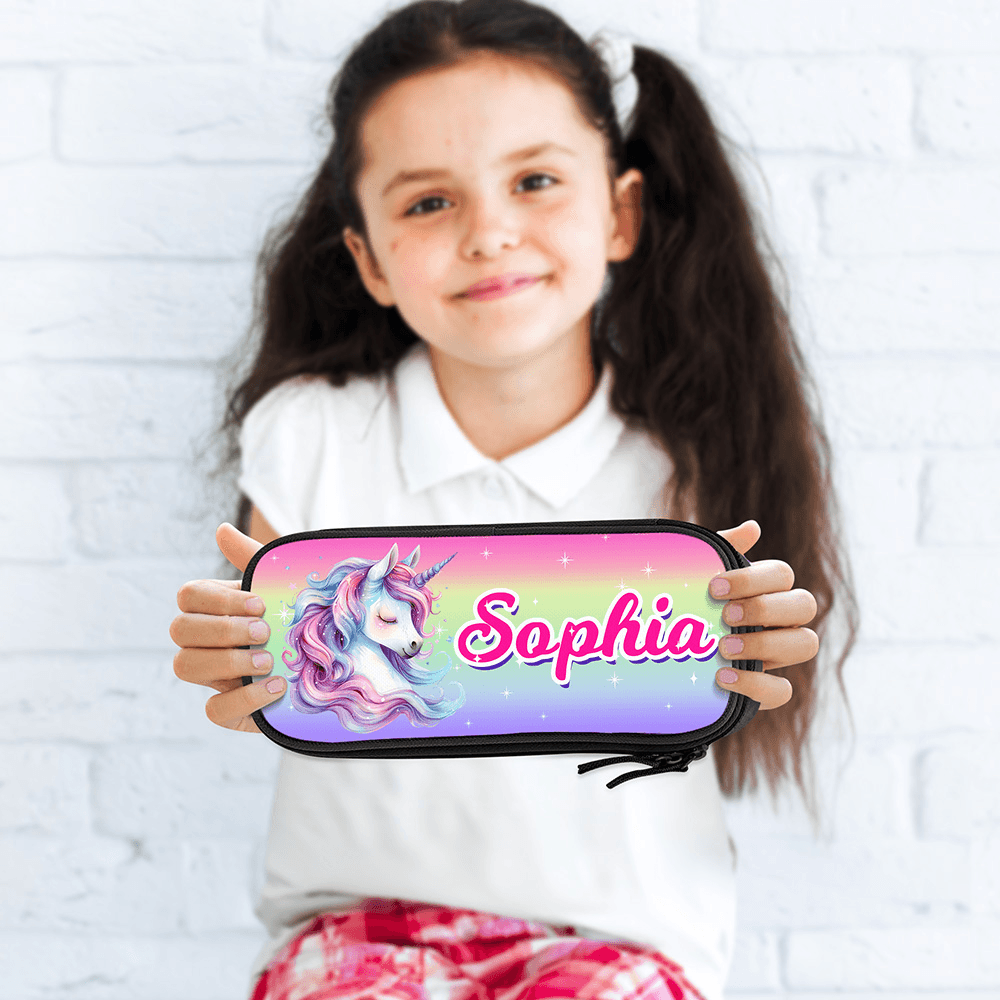 Estuche personalizado de doble capa Oxford con nombre y cremallera con diseño de unicornio de fantasía Regalo de cumpleaños de vuelta al cole para estudiantes