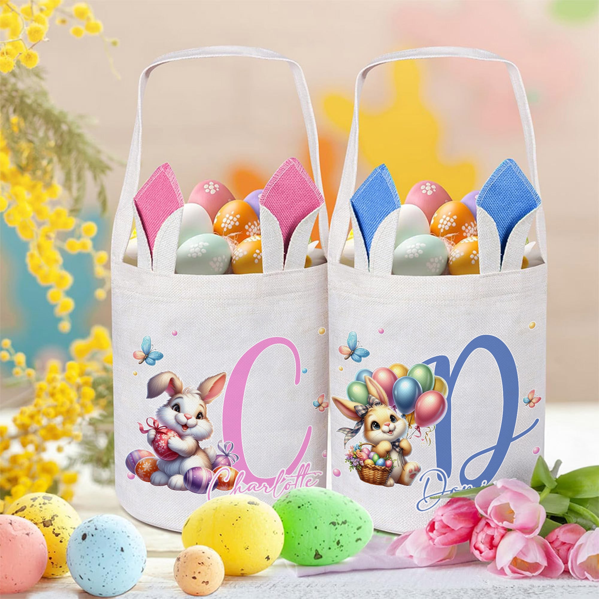 Personalizada lindo conejo de Pascua cesta de orejas con el nombre y la inicial de Pascua Huevos de Caza Fiesta de Regalos para Niños Niñas