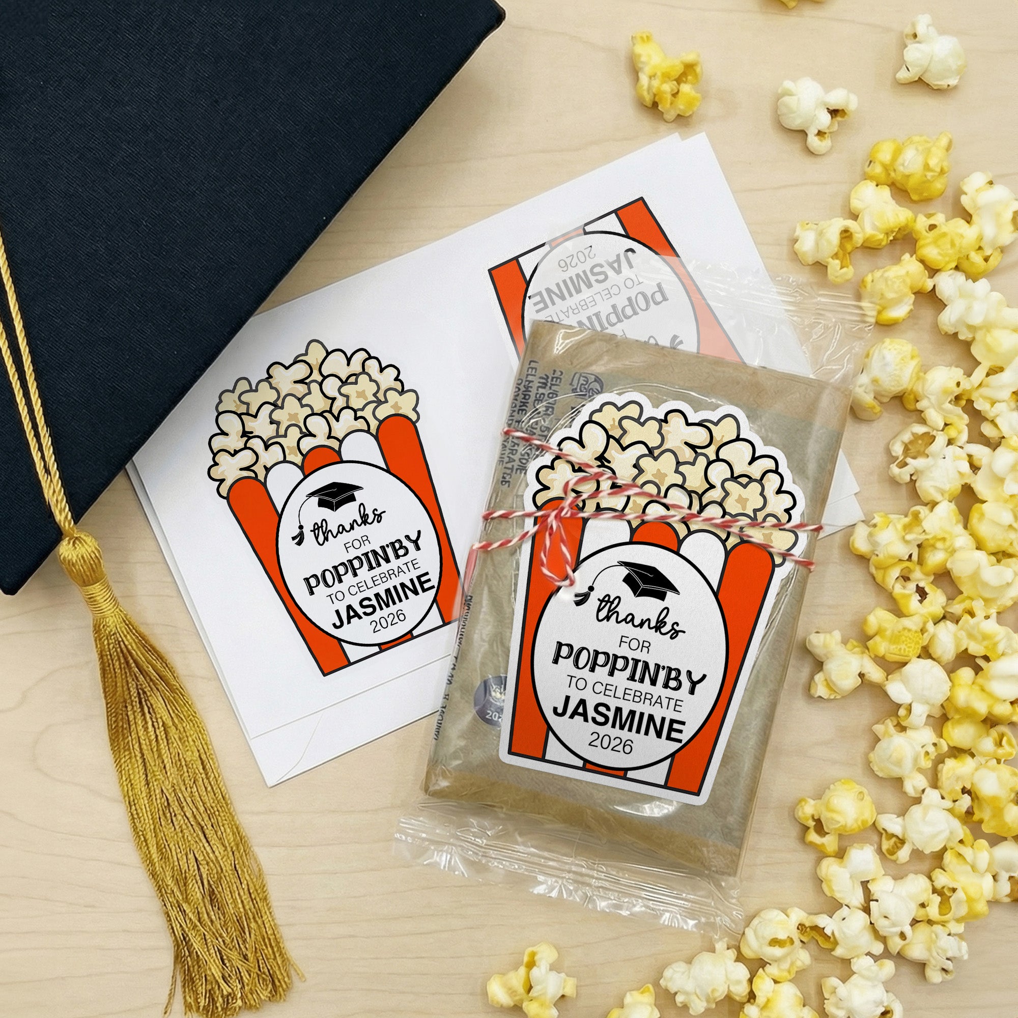 Palomitas de Maíz Personalizadas Gorra de Graduación Pegatinas Impermeables con Nombre y Año Fiesta de Graduación Decoración Favor para Graduados
