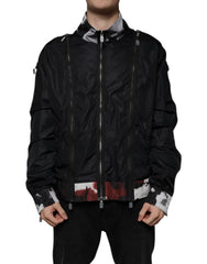 Black Nylon Full Zip Men Bomber Jacket Polyester Clothing