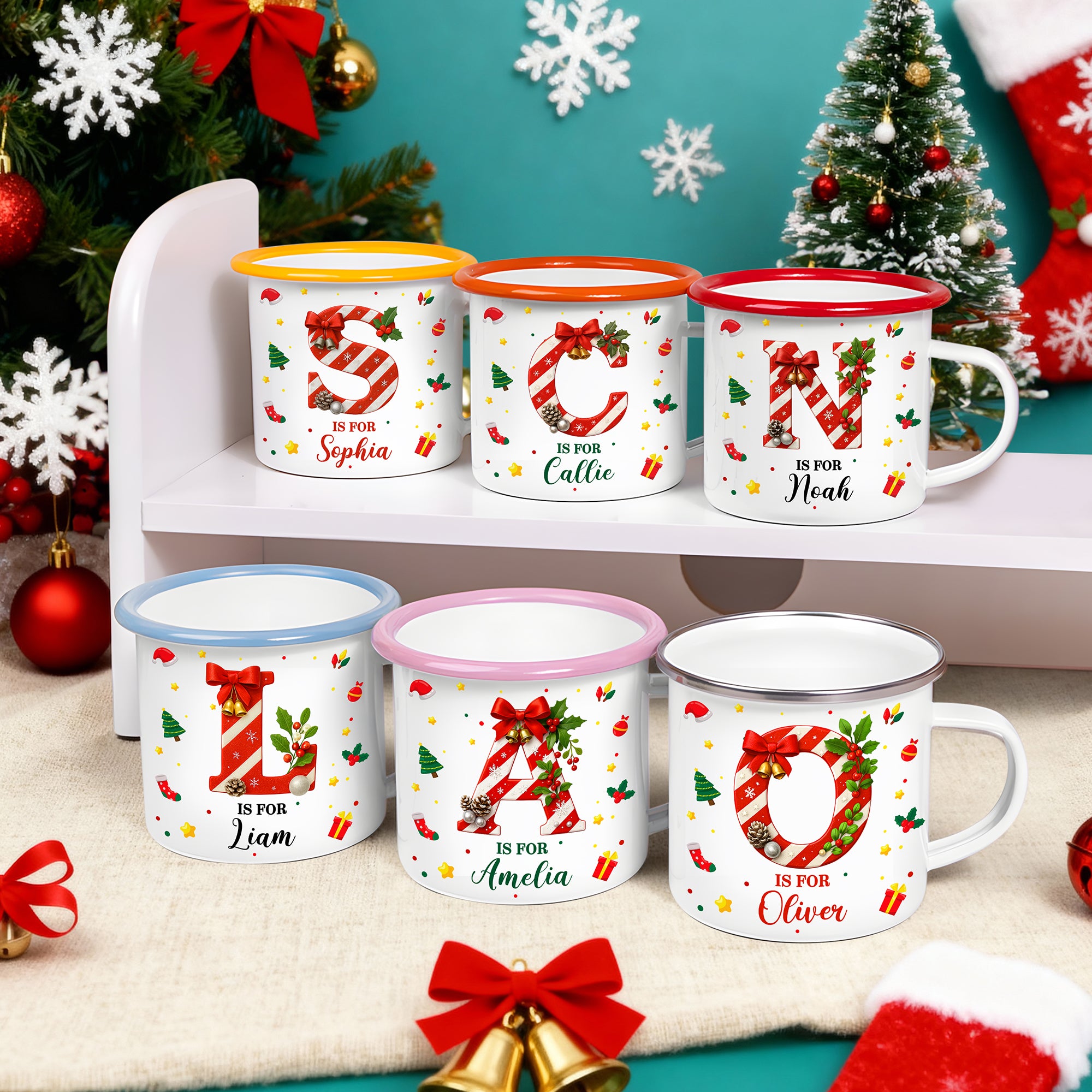 Taza esmaltada con nombre personalizada con diseño de iniciales de bastón de caramelo 12 oz Regalo navideño de uso diario para niños Familia