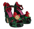 Women's Green Brocade Snakeskin Roses Crystal Shoes