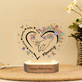 Lámpara de noche LED acrílica en forma de corazón con nombres y base de madera Decoración para el hogar Regalo del Día de la Madre para la abuela y la madre