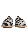 Men's Black White Stripes Slip On Espadrille Shoes And Linen Leather