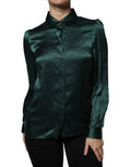Women's Dark Green Silk Button Down Long Sleeves Blouse Top
