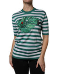 Women's White Green Stripe Leaf Crew Neck T-Shirt Cashmere Silk