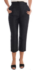 Women's Black Floral Brocade Capri Pants Viscose