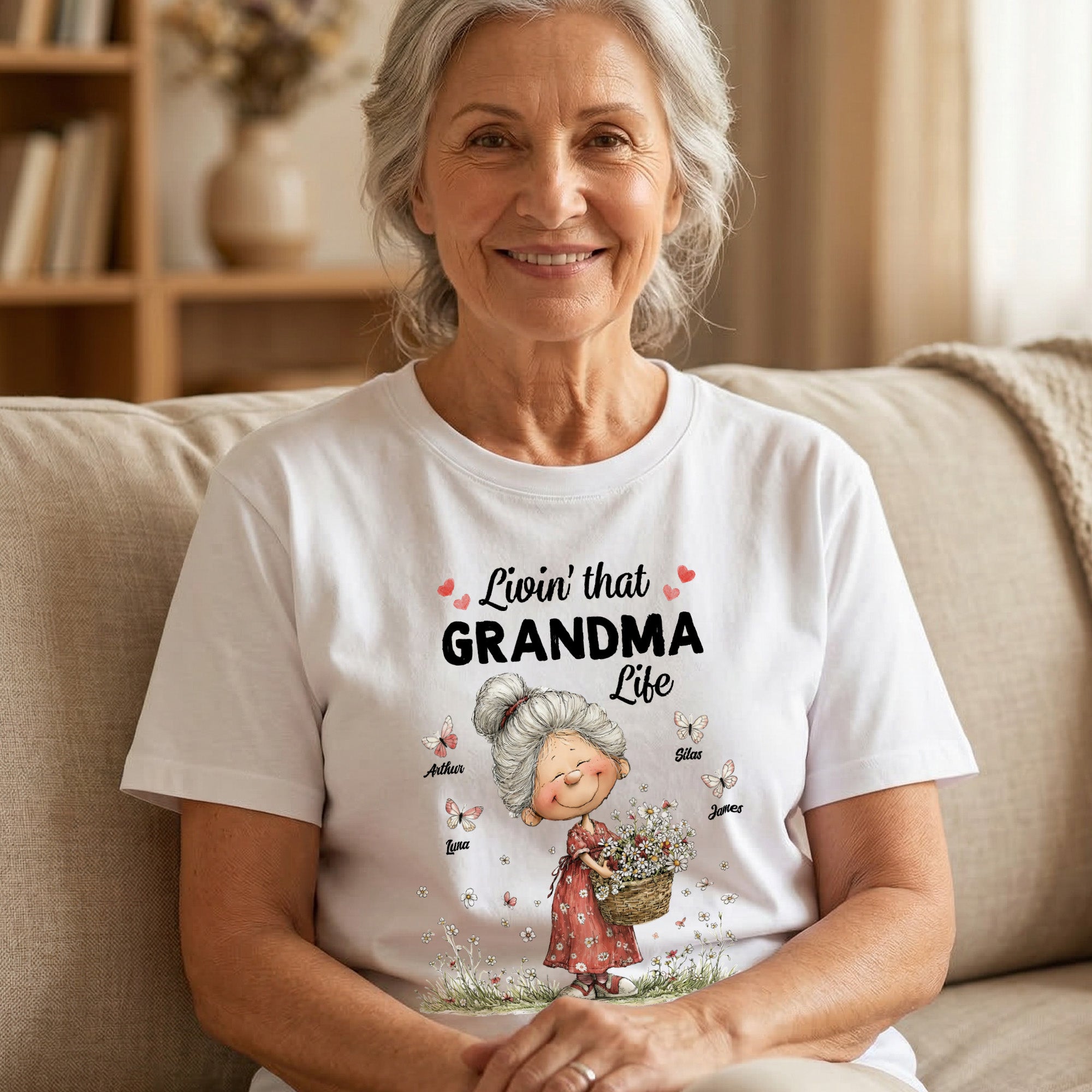 Camiseta personalizada multicolor Livin' That Grandma Happy Life de estilo caprichoso con nombre Regalo del Día de la Madre para madre Mujer Abuela