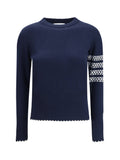 Thom Browne Fleece Wool with Jacquard Sleeve Inlays Sweater — Navy