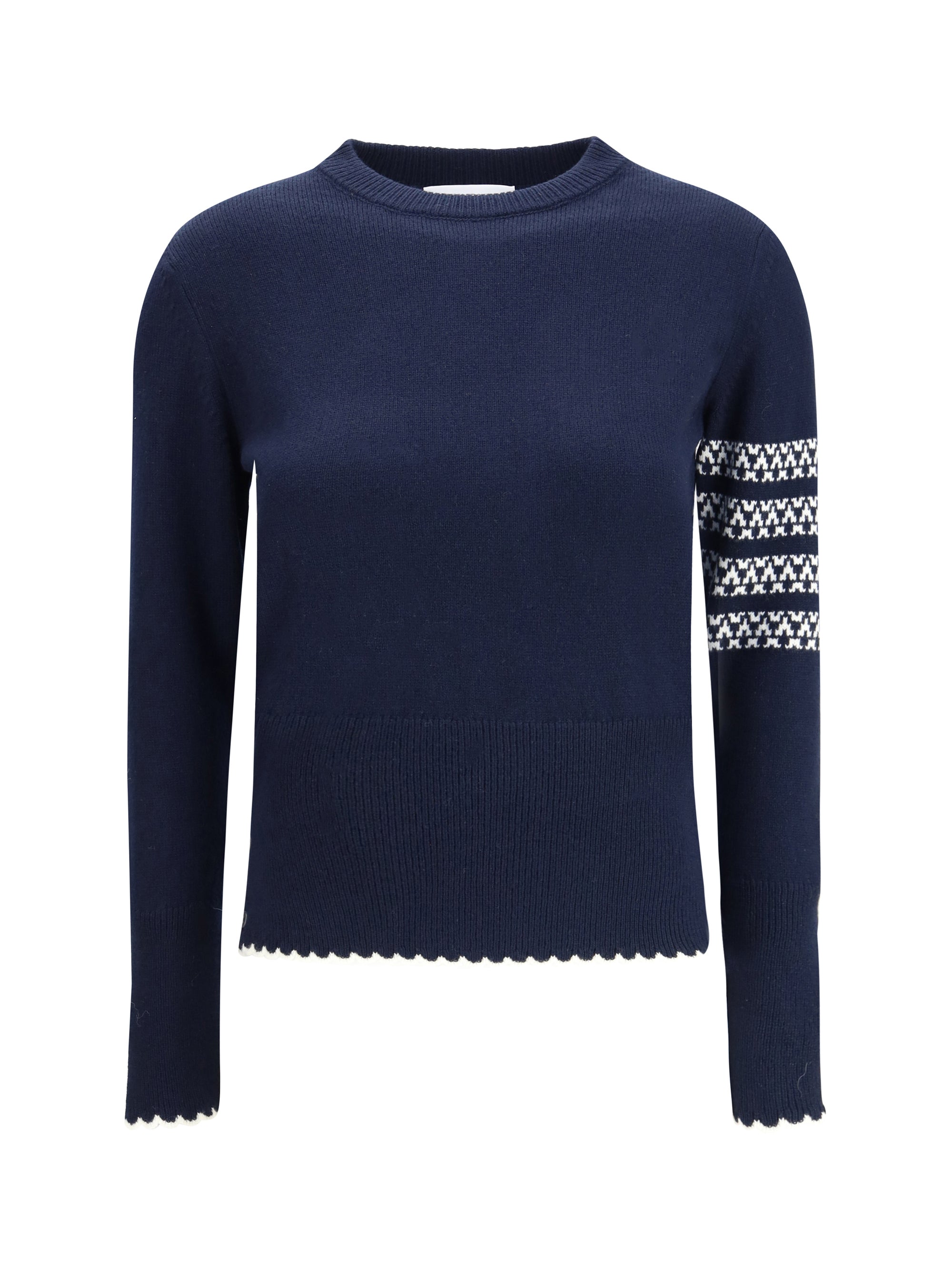 Thom Browne Fleece Wool with Jacquard Sleeve Inlays Sweater — Navy