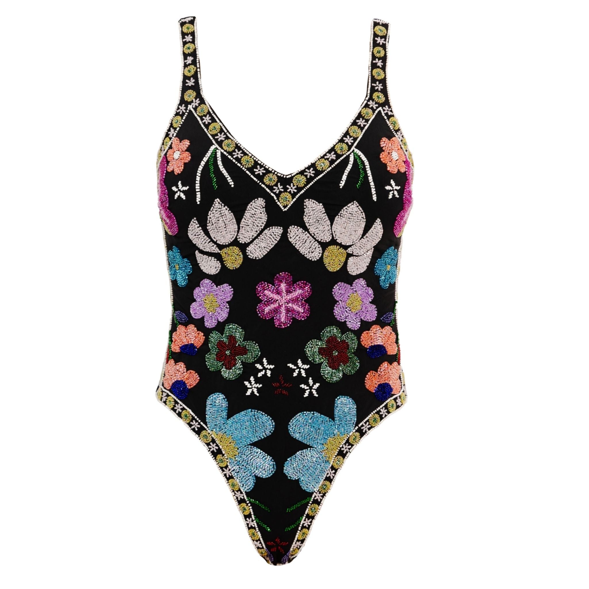 Flower Hand-Beaded Embellished One-Piece Swimsuit | Black