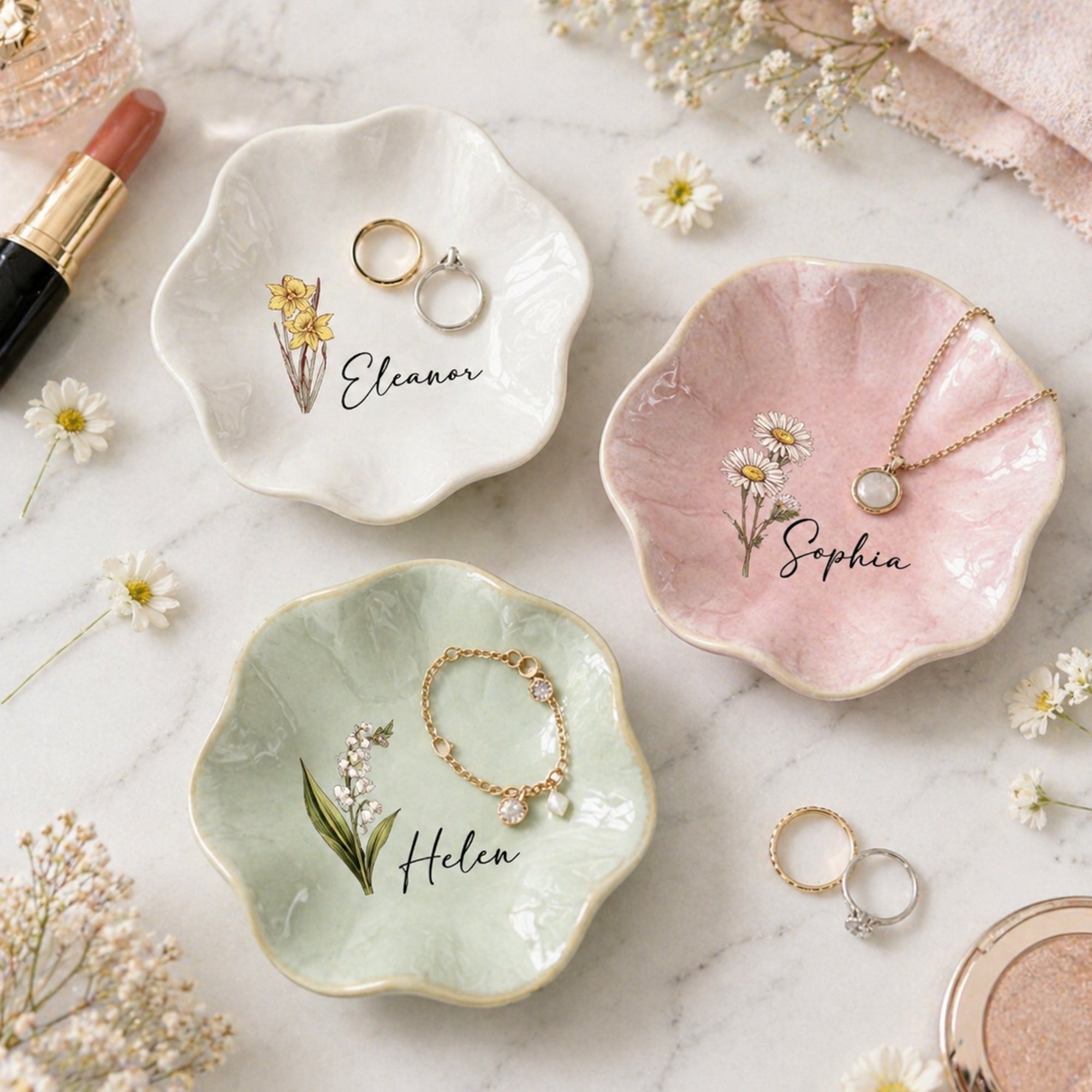 Acuarela Personalizada Flor de Nacimiento en forma de Pétalo Plato de Cerámica para Joyas con Nombre Uso Diario Cumpleaños Día de la Madre Regalo para su Mejor Amiga