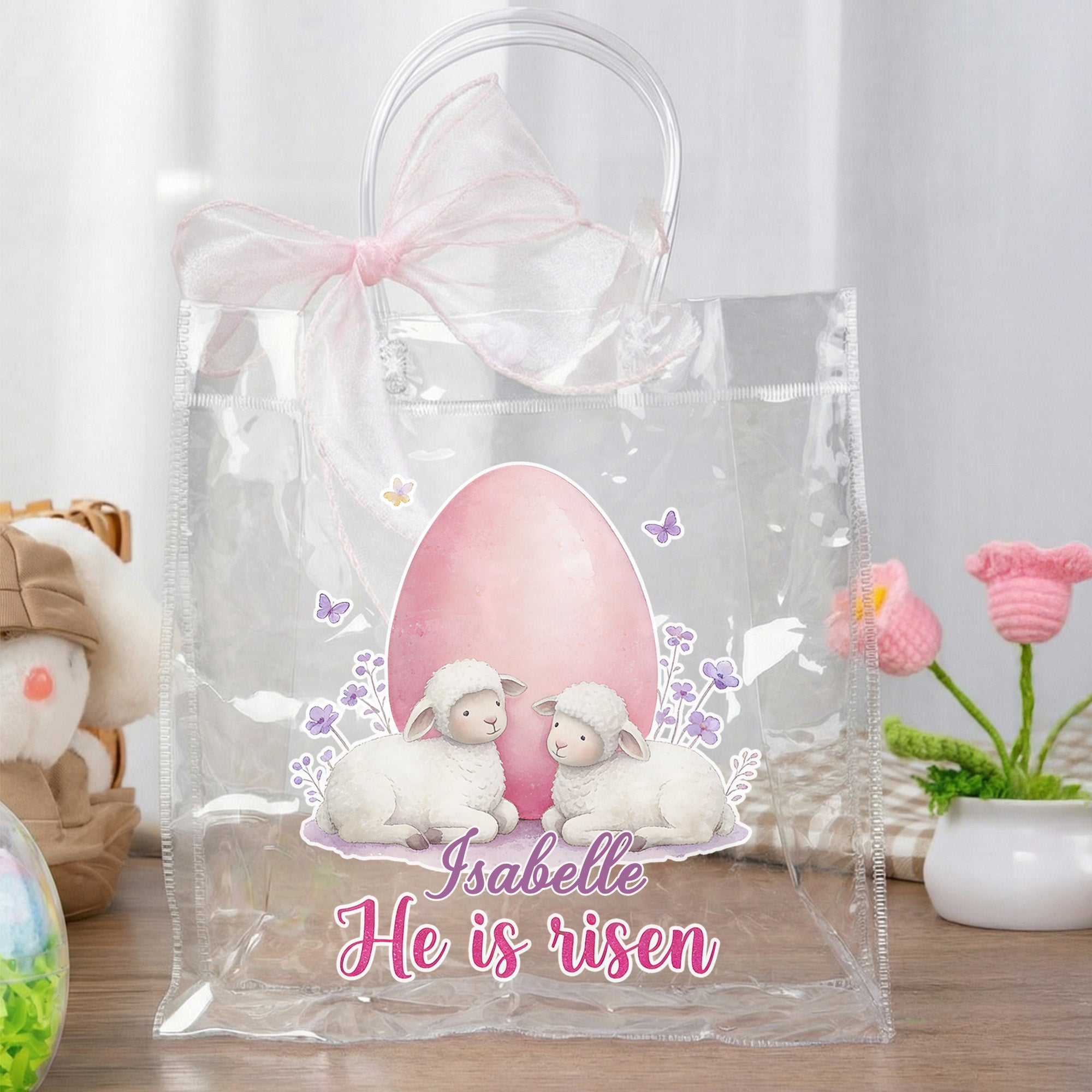 Personalizado He Is Risen Bible Verse Cross Sheep Clear Gift Bag with Name Church Religious Easter Gift for Kids Christians