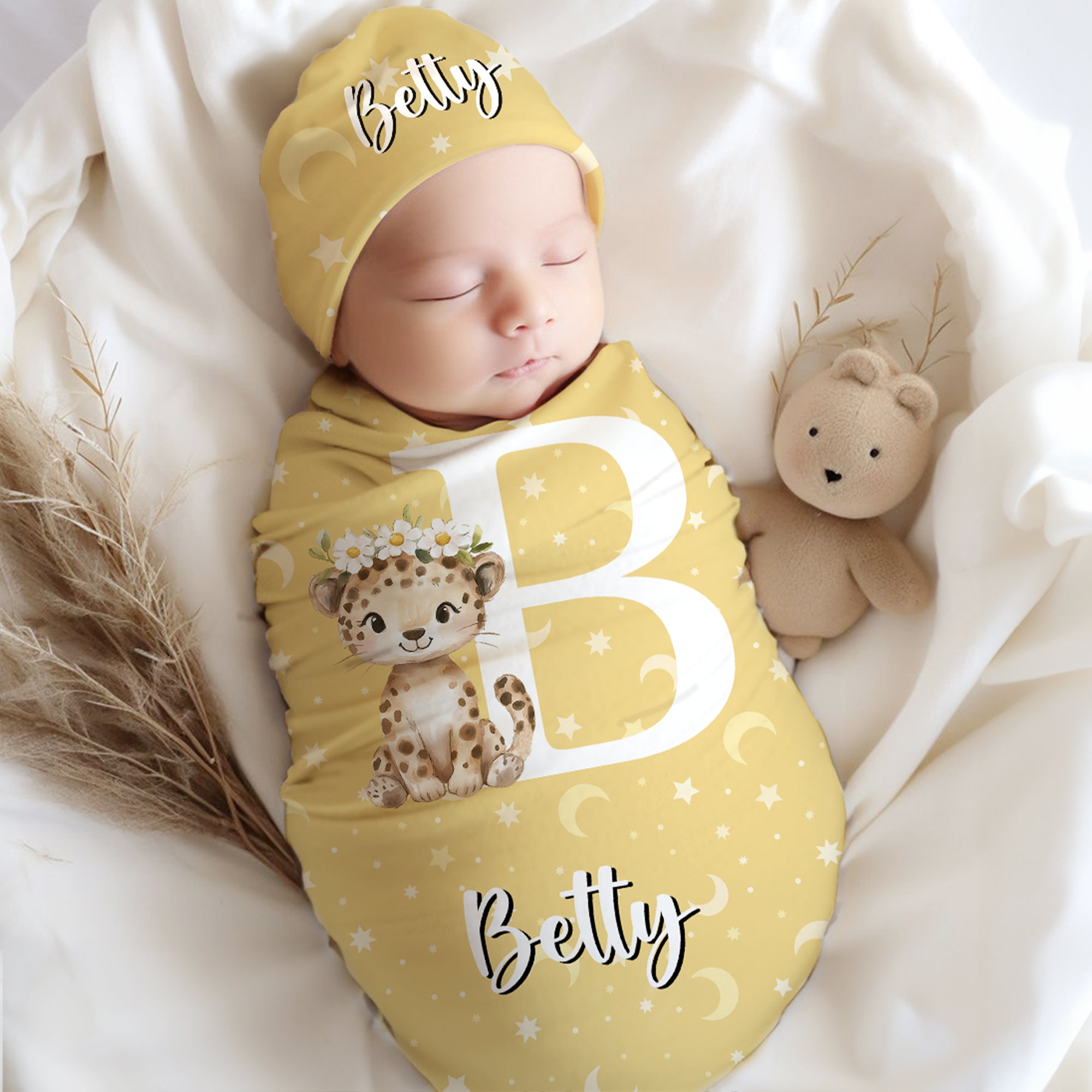 Set de manta y gorro de algodón 100% para recién nacidos, con nombre, regalo de cumpleaños y baby shower.