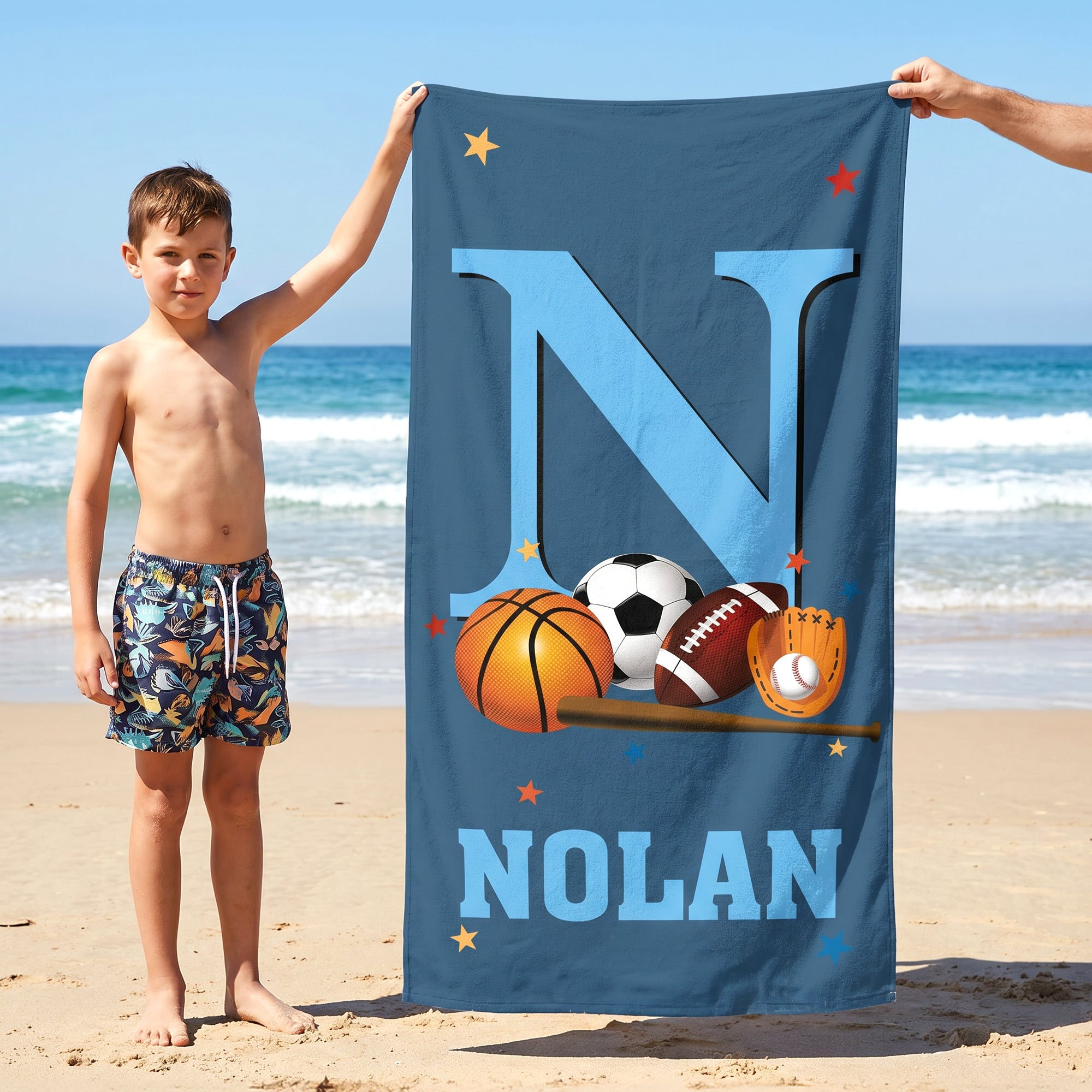 Toalla de playa de gran tamaño de secado rápido personalizada con el nombre de la estrella de las iniciales de las pelotas de deporte Fiesta en la playa Regalo de vacaciones de verano para niños amant