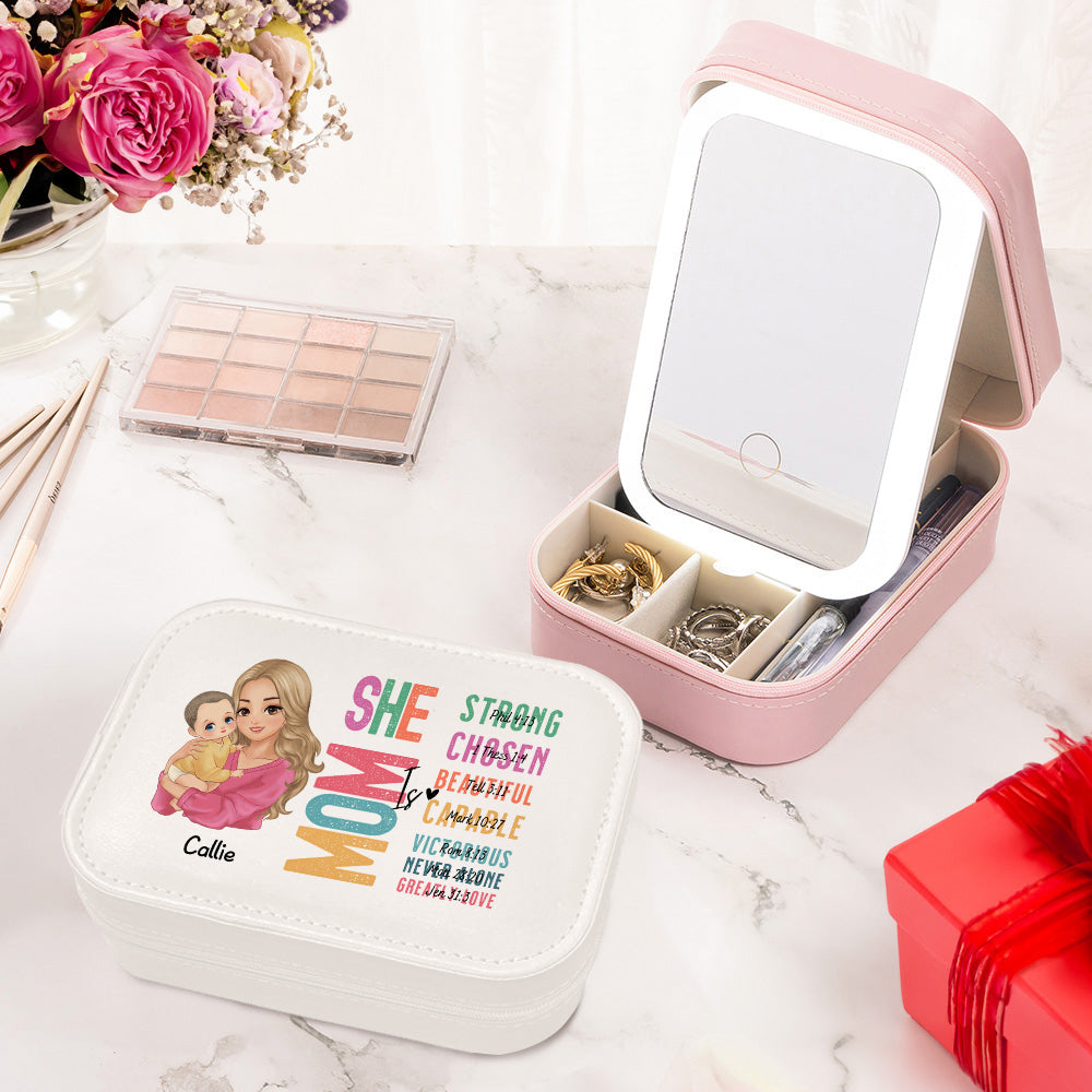 Biblia personalizada de dibujos animados Mamá sosteniendo al bebé Joyero con LED ajustable Espejo de maquillaje Esenciales de viaje Cumpleaños Día de la Madre de regalo para las mujeres