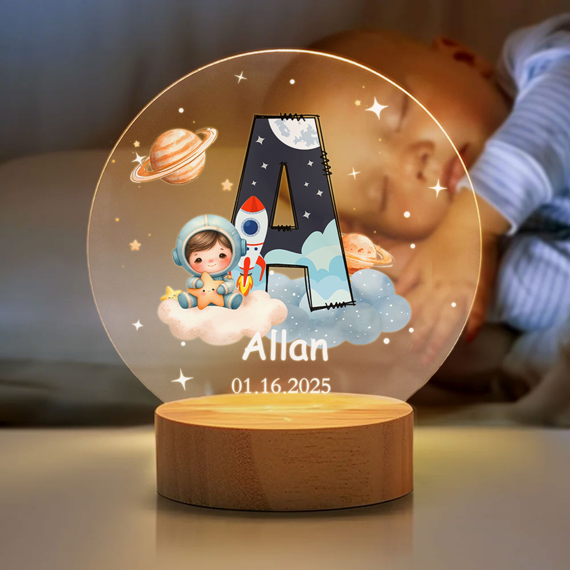 Personalizada Astronauta Planeta Nube Cohete Estrella Inicial Acrílico LED Luz de Noche con Nombre y Base de Madera Cumpleaños Baby Shower Regalo para Niños Madres
