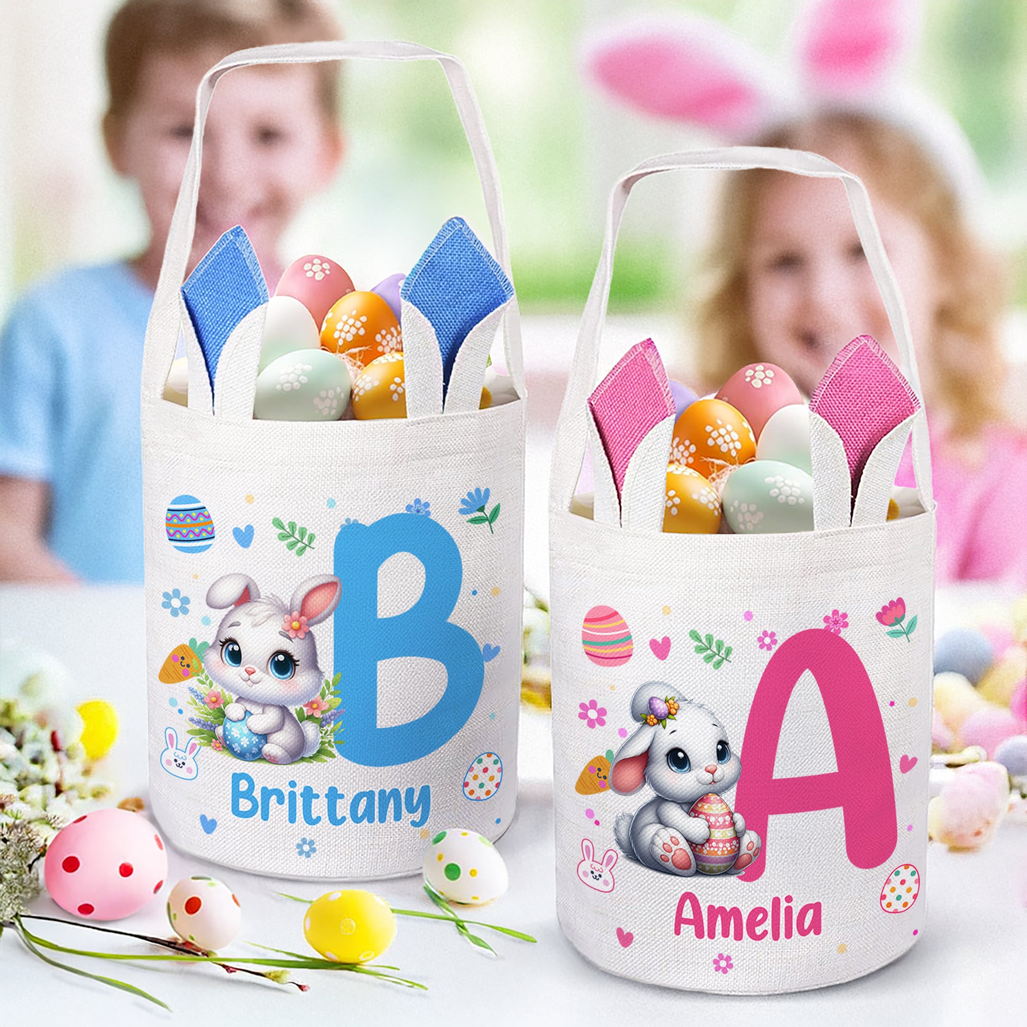 Cesta de Pascua de Conejito de Orejas Personalizada con Nombre e Inicial Huevos de Caza Regalo de Pascua para Niños