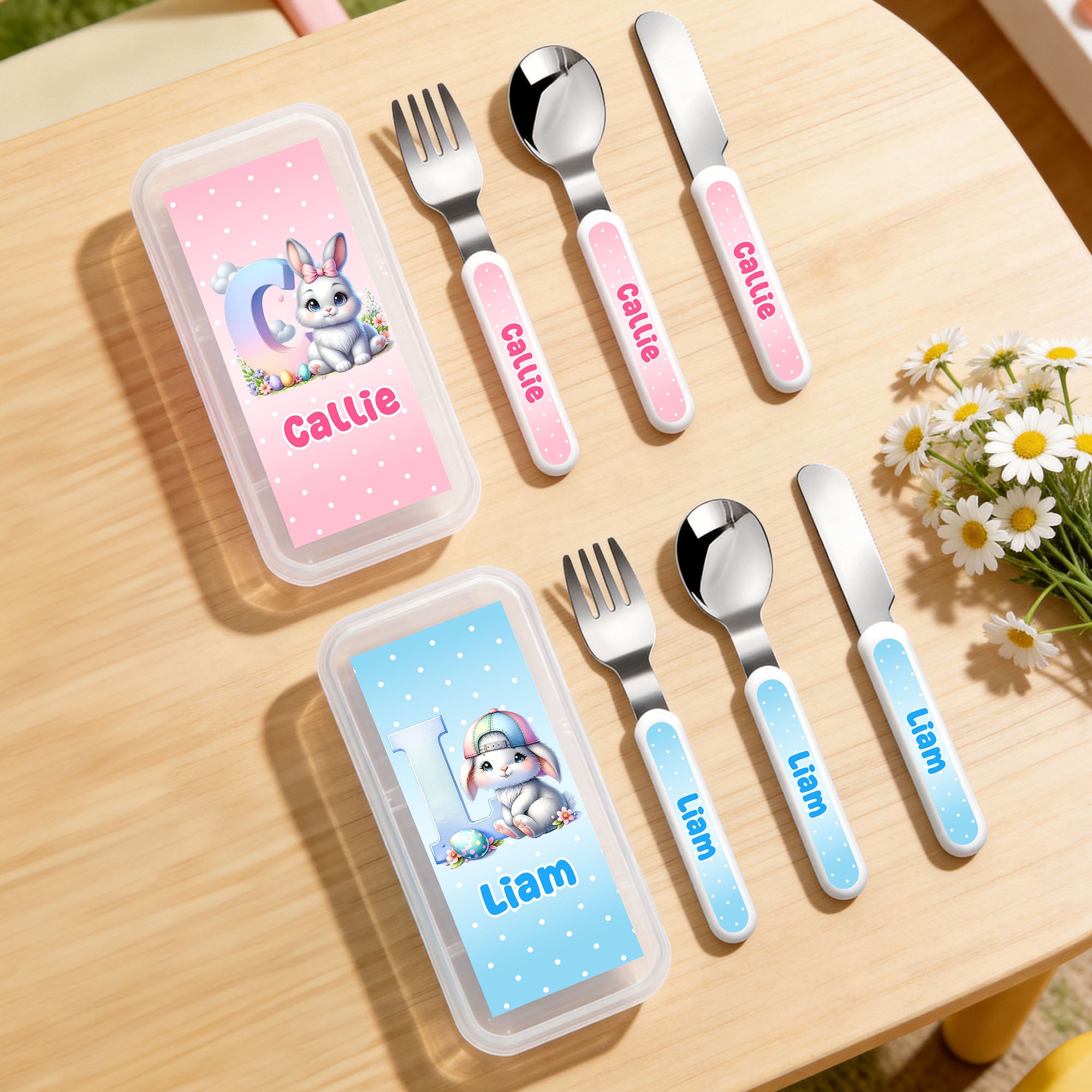 Conejito de dibujos animados personalizado Tenedor Cuchara Cuchillo Juego de cubiertos de 3 piezas con nombre y estuche Vuelta al cole Cumpleaños Pascua Regalo para niños Niñas