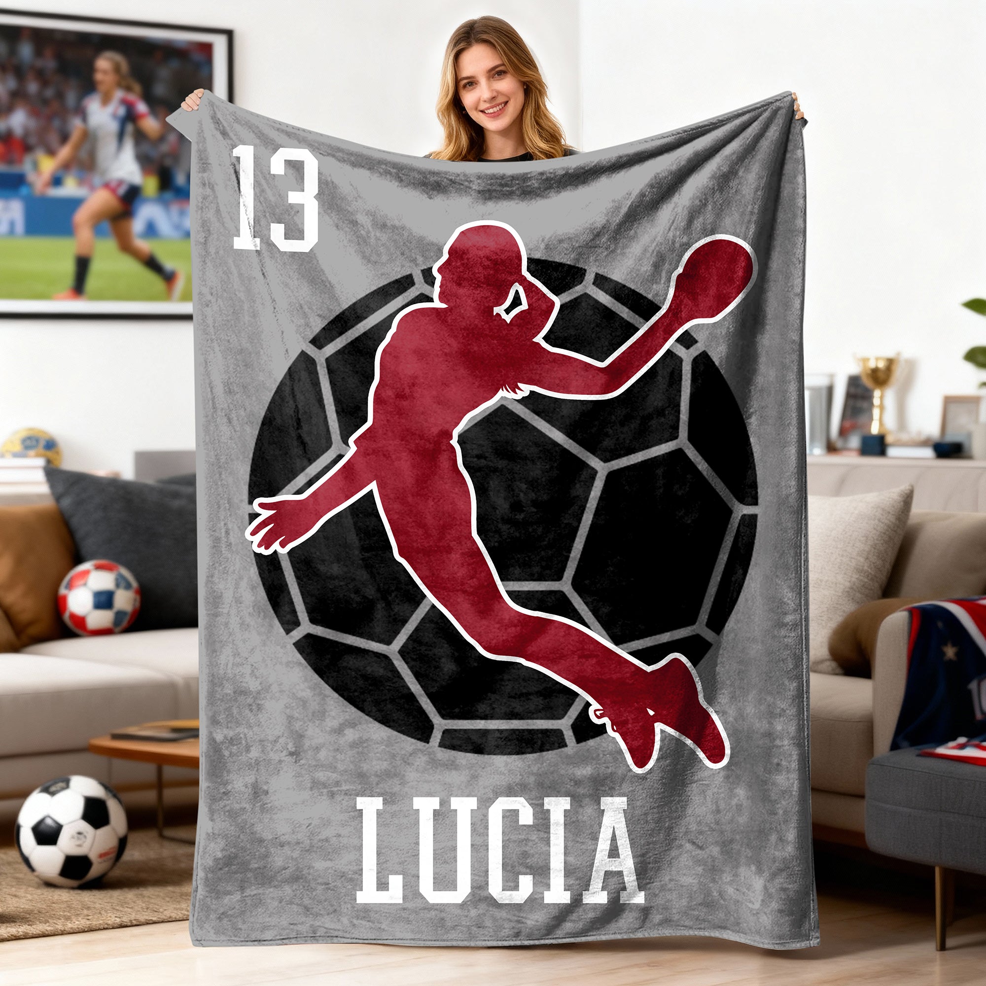 Silueta de balonmano personalizada Manta suave con nombre y número Decoración del hogar Regalo de cumpleaños para entusiastas del balonmano