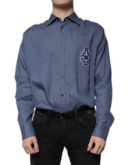Men's Blue Logo Long Sleeve Button Down Casual Shirt Flax