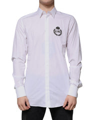 White Cotton Logo Formal Men Gold Dress Shirt