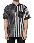 Men's Black White Striped Button Down Casual Shirt And Cotton