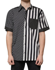Men's Black White Striped Button Down Casual Shirt And Cotton