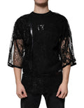Men's Black Nylon Floral Lace Crew Neck T-Shirt