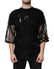 Men's Black Nylon Floral Lace Crew Neck T-Shirt
