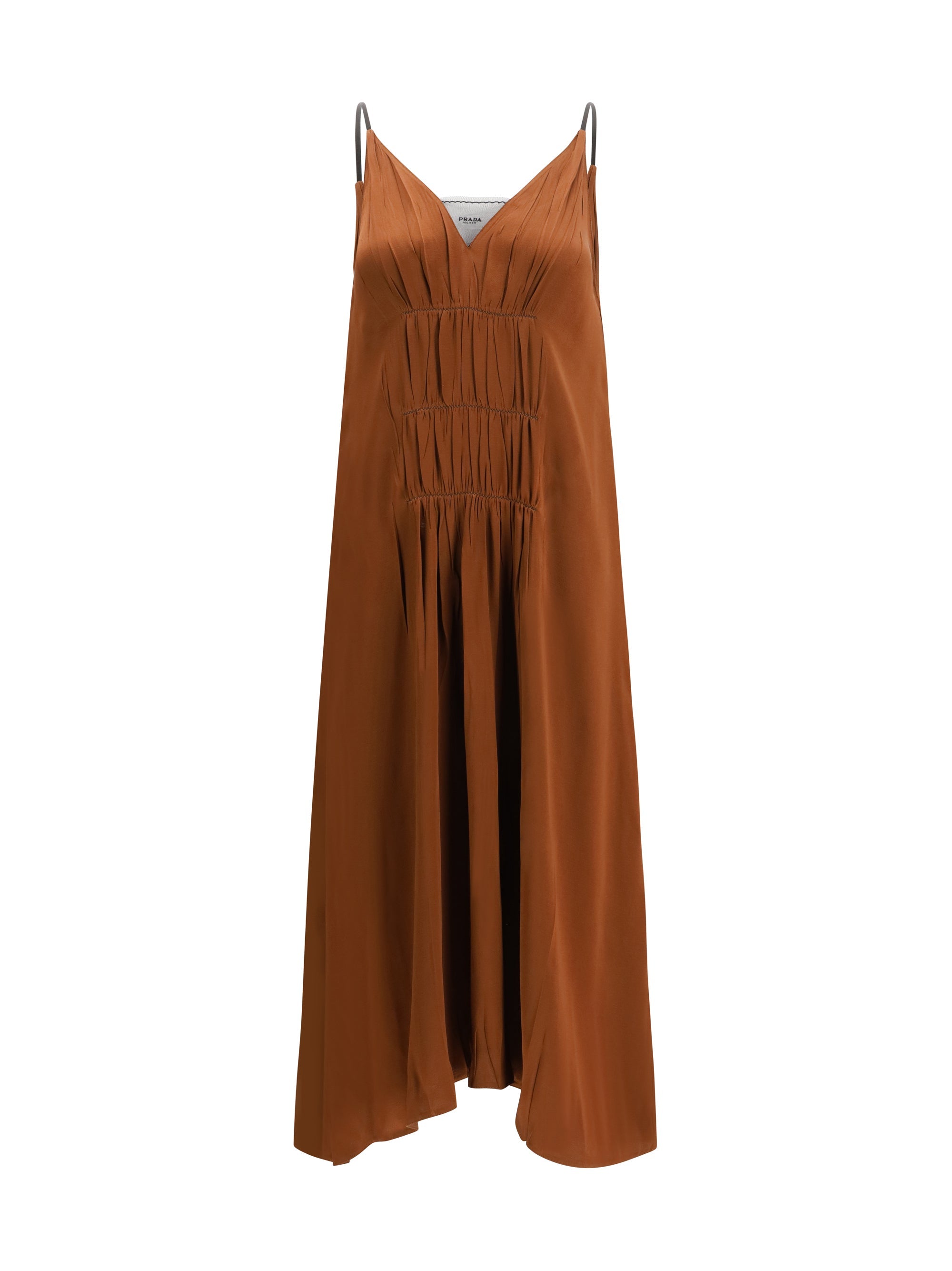 Prada V-Neck Gathered Dress — Brown