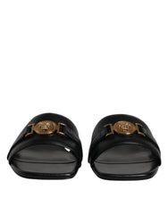 Women's Logo Plaque Leather Slide Black
