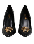 Women's Gold Medusa Plaque Leather Pump Black Calf