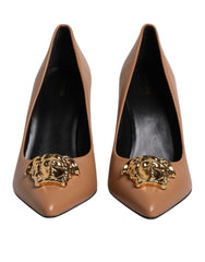 Women's Medusa Logo Plaque Calf Leather Heels Brown