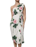 Women's White Floral Silk One Shoulder Midi Dress Elastane
