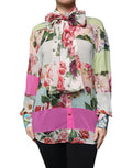 Women's Multicolor Floral Patchwork Ascot Collar Top Silk Elastane