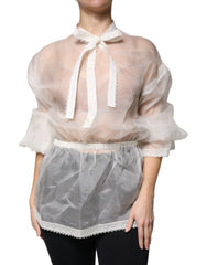 Women's White Ascot Collar Long Sleeves Blouse Top Silk Cotton