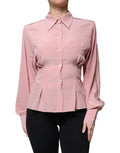 Women's Pink Cotton Long Sleeves Collared Blouse Top Silk