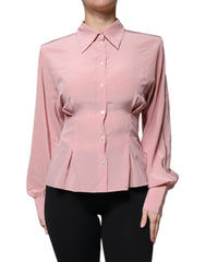 Women's Pink Cotton Long Sleeves Collared Blouse Top Silk