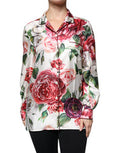 Women's White Peony Silk Long Sleeves Collared Blouse Top