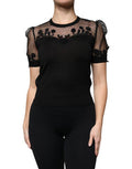 Women's Black Floral Lace Short Sleeves Blouse Top Silk Nylon Cotton