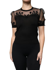 Women's Black Floral Lace Short Sleeves Blouse Top Silk Nylon Cotton