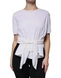 Women's White Cotton Silk Round Neck Wrap Blouse Top