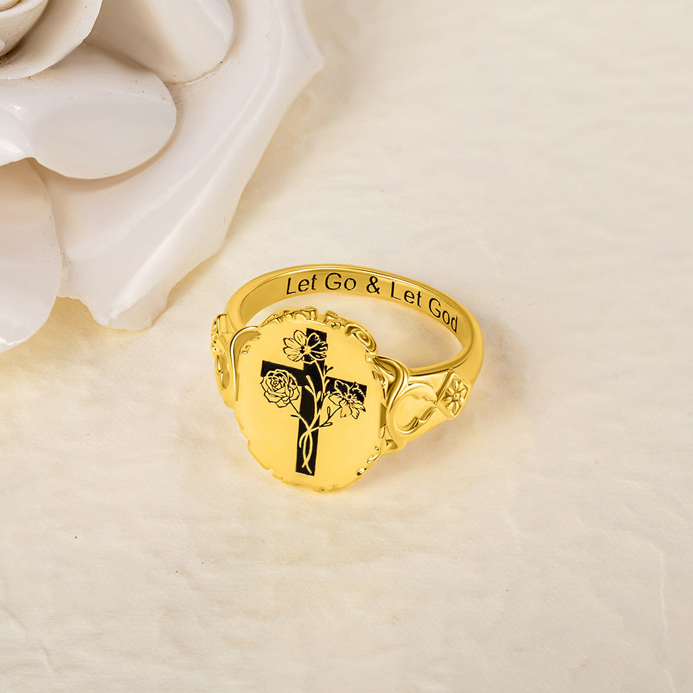 Personalizado grabado Let Go And Let God Cross Signet Ring con Birth Flower Bouquet Christian Jewelry Baptism Mother's Day Gift for Women