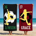 Toalla de playa personalizada de microfibra con silueta de futbolista nombre y número regalo de vacaciones de verano y fiesta para amantes del fútbol