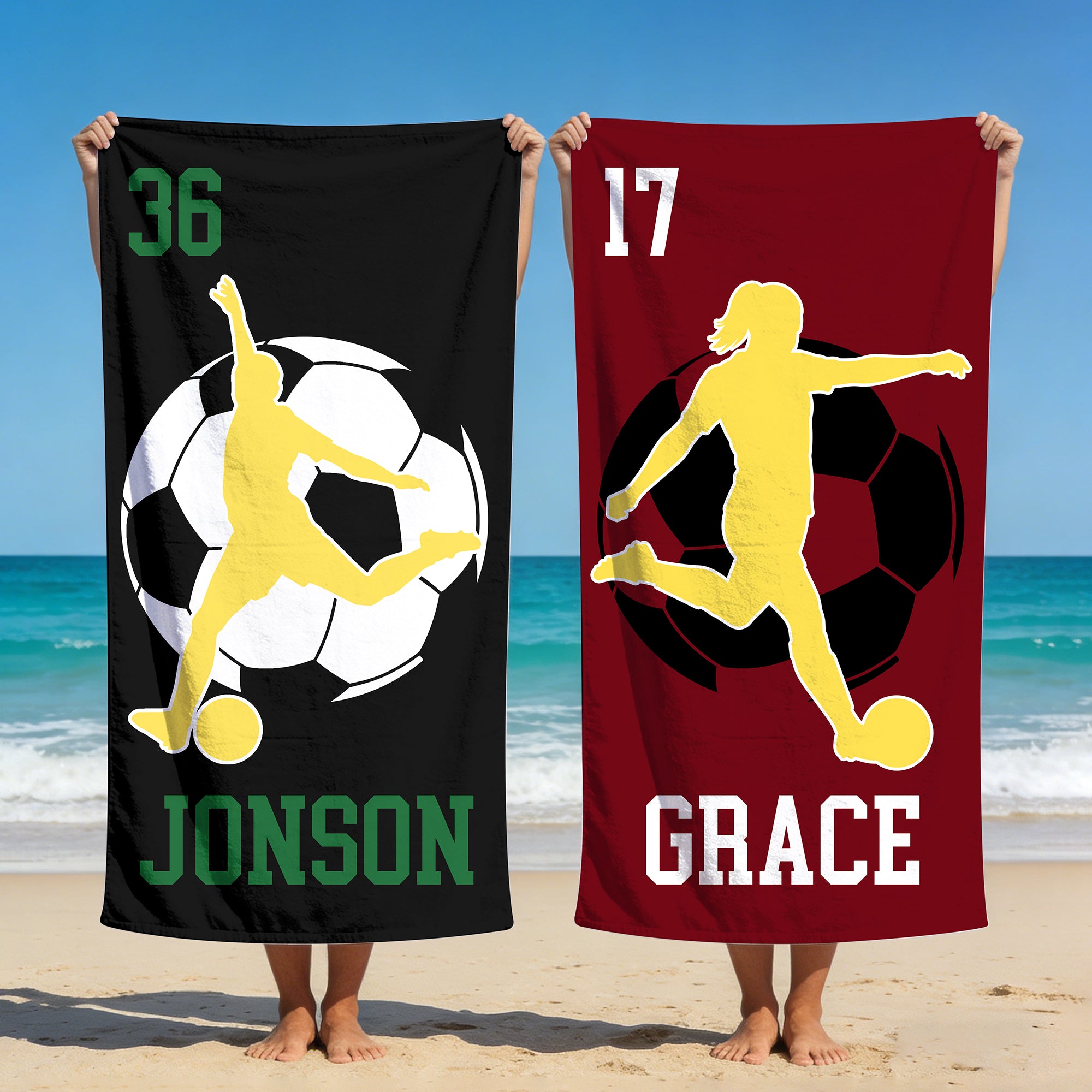 Toalla de playa personalizada de microfibra con silueta de futbolista nombre y número regalo de vacaciones de verano y fiesta para amantes del fútbol