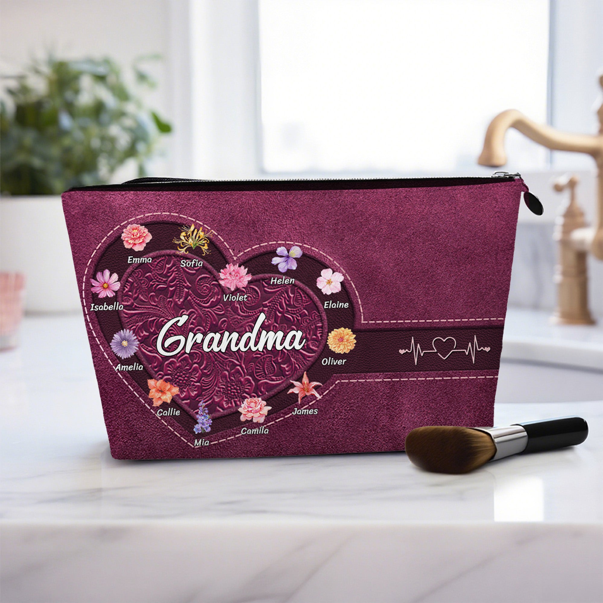 Personalizado Retro Corazón Diseño 1-12 Nacimiento Flores Bolsa de Maquillaje Portátil con Nombre y Título Cumpleaños Aniversario Navidad Regalo para Mamá Abuela