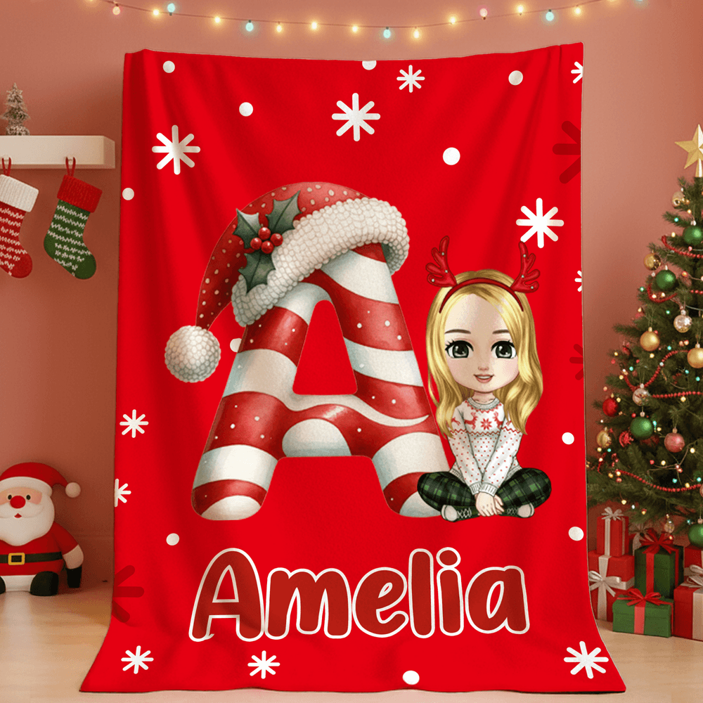 Personalizada Navidad Inicial Cartoon Personaje Suave manta con nombre Decoración del hogar Regalo de Navidad para la familia Amigos