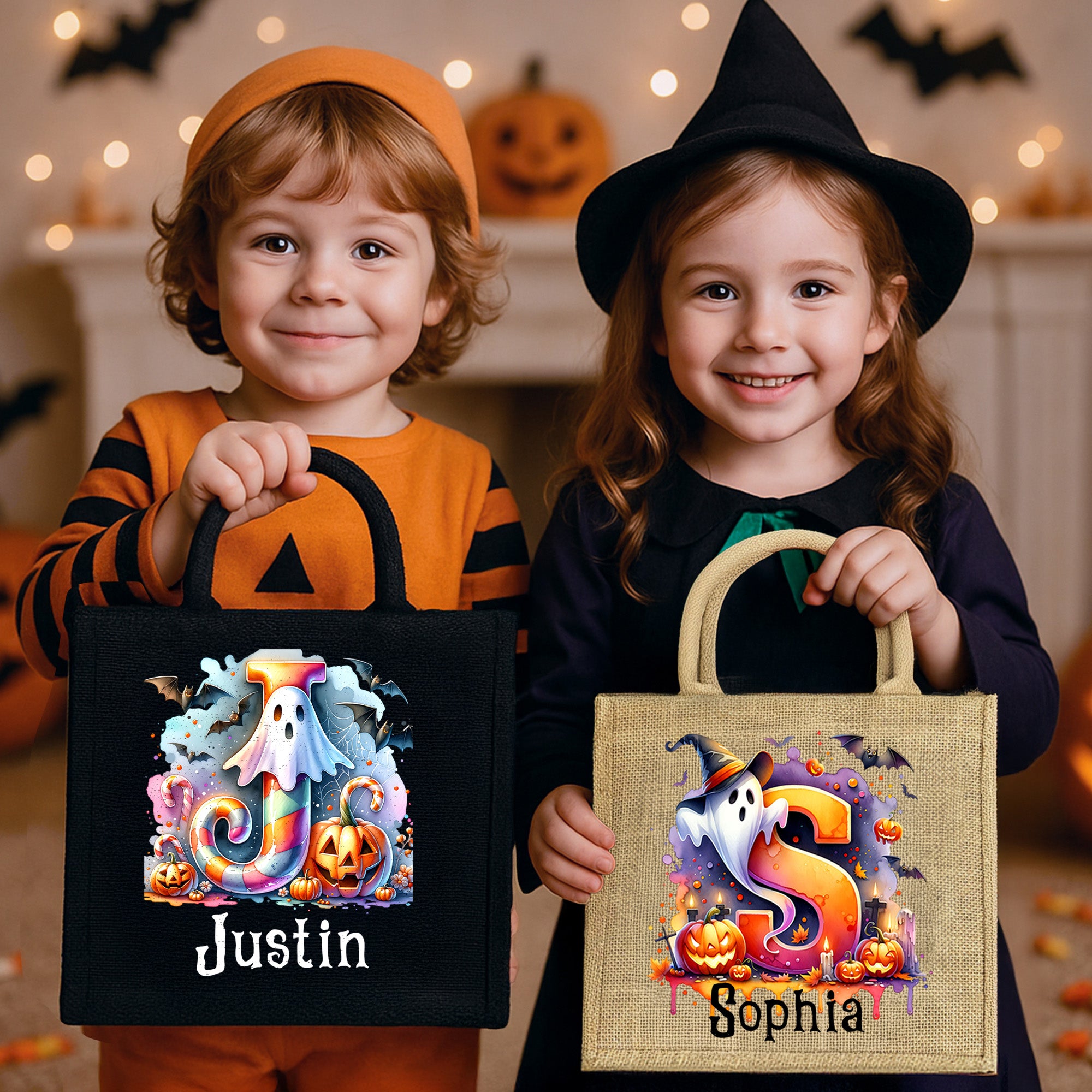 Personalizado Fantasma Calabaza Inicial Bolsa de Yute con Nombre Truco o Trato Actividad de Halloween Regalo para Niños Niñas